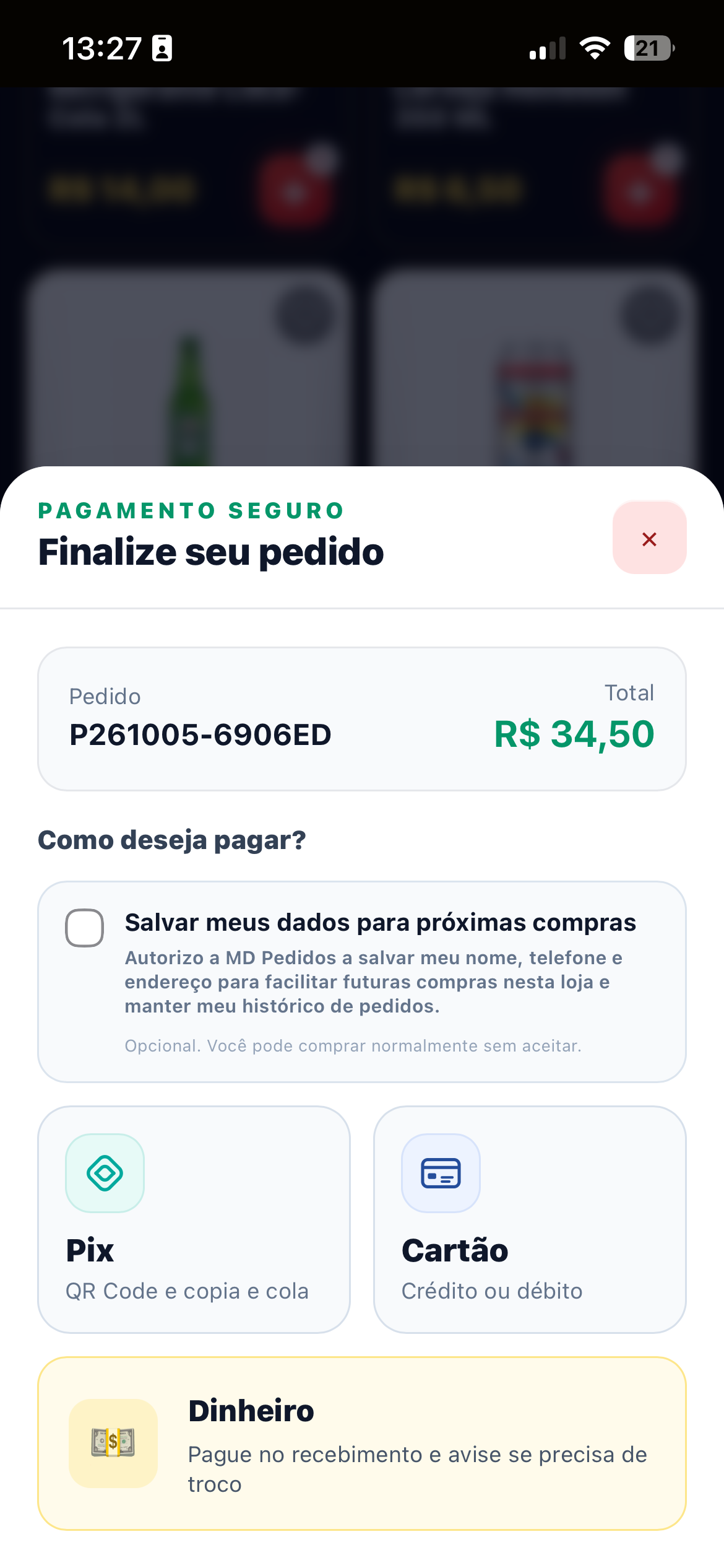 Tela de pagamento Pix do MD Pedidos