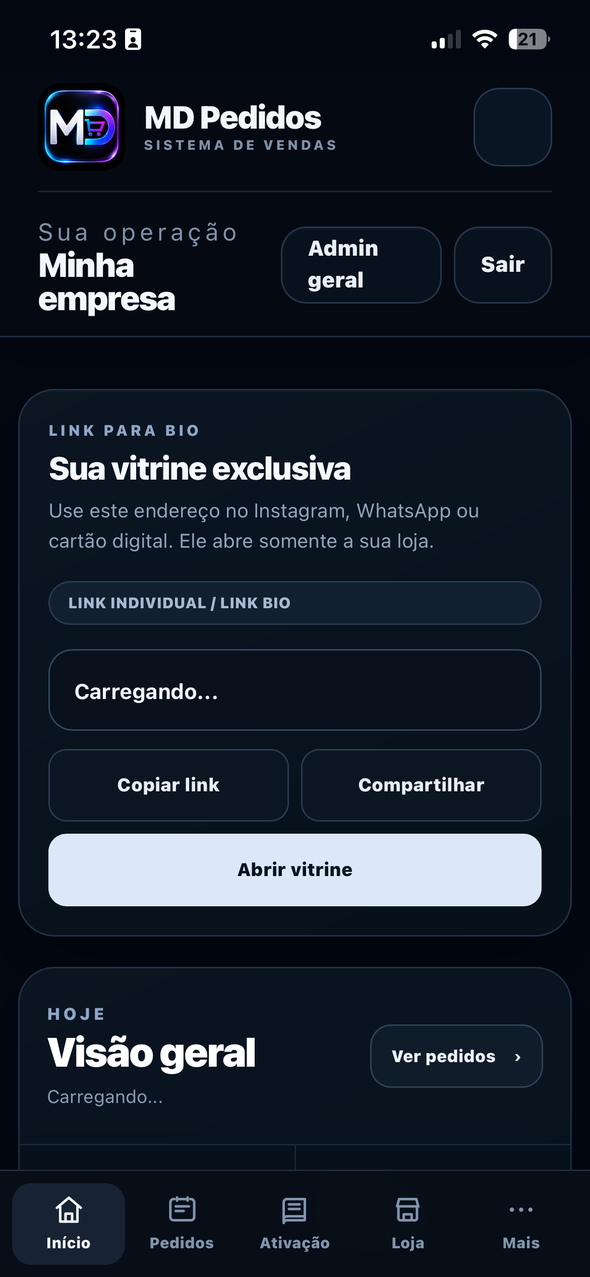 Painel administrativo do MD Pedidos